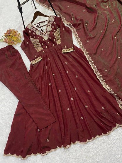 New Designer Vichitra Silk Embroidered Anarkali Suit Set