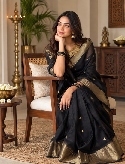 Premium Black Linen Silk Saree with Antique Gold Zari Border