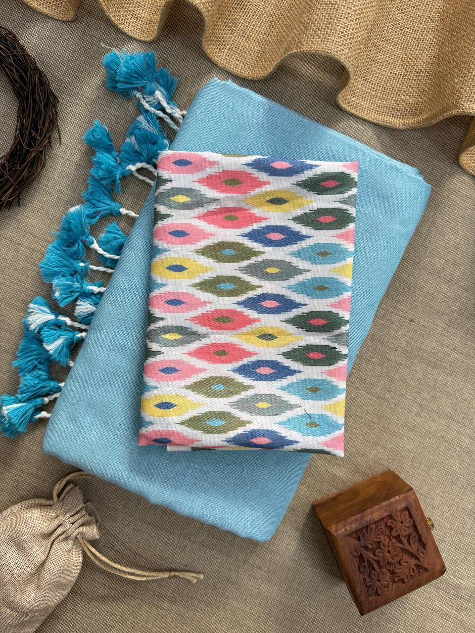 TRENDY - SKY HANDLOOM COTTON SAREE WITH PRINTED BLOUSE