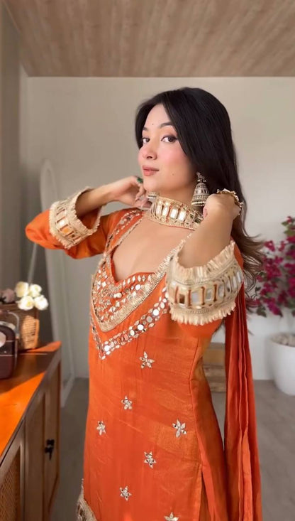 Rust Orange Fendy Silk Mirror Work Festive Suit Set