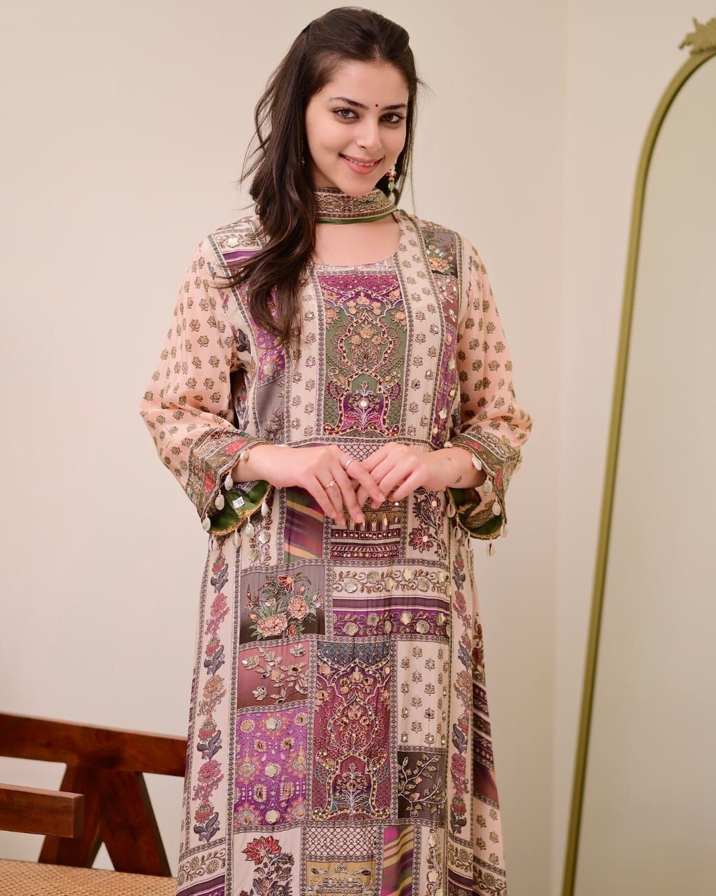 Festive Olive Green Patchwork Printed Chinon Suit Set with Fancy Mirror Work