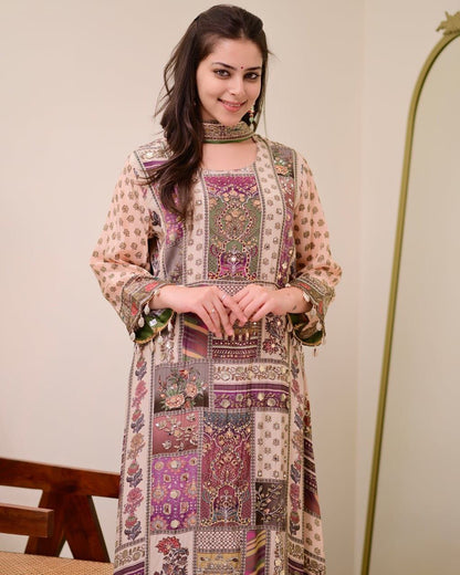 Festive Olive Green Patchwork Printed Chinon Suit Set with Fancy Mirror Work