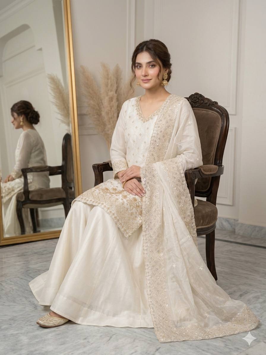 Elegant White Fendy Silk Sharara Suit Set with Sequence Embroidery Work