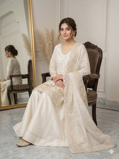 Elegant White Fendy Silk Sharara Suit Set with Sequence Embroidery Work