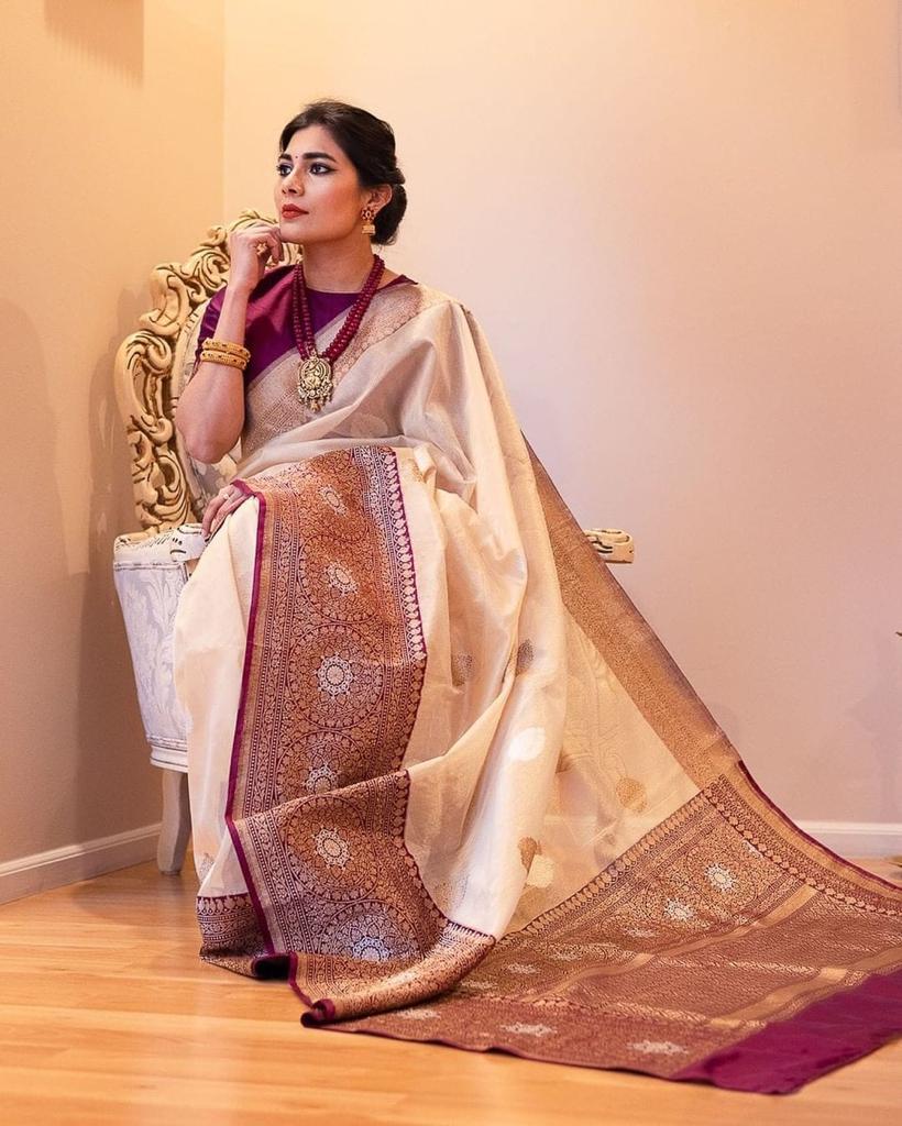 Beautiful Beige Soft Banarasi Silk Saree With Adorable Blouse Piece