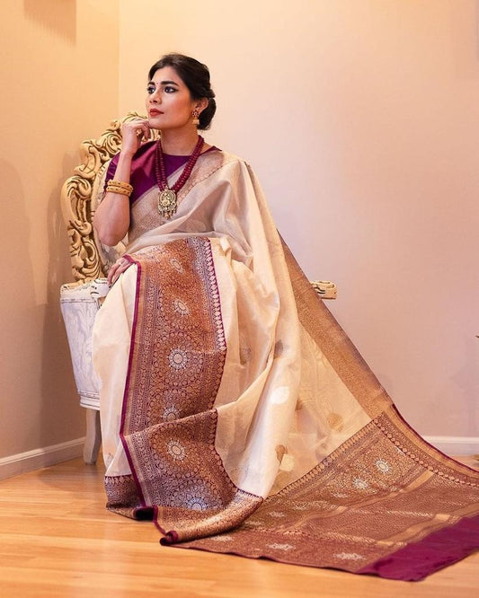 Beautiful Beige Soft Banarasi Silk Saree With Adorable Blouse Piece