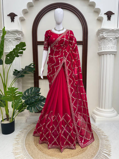 Very Attractive Magenta Thread Work Fendy Silk Saree
