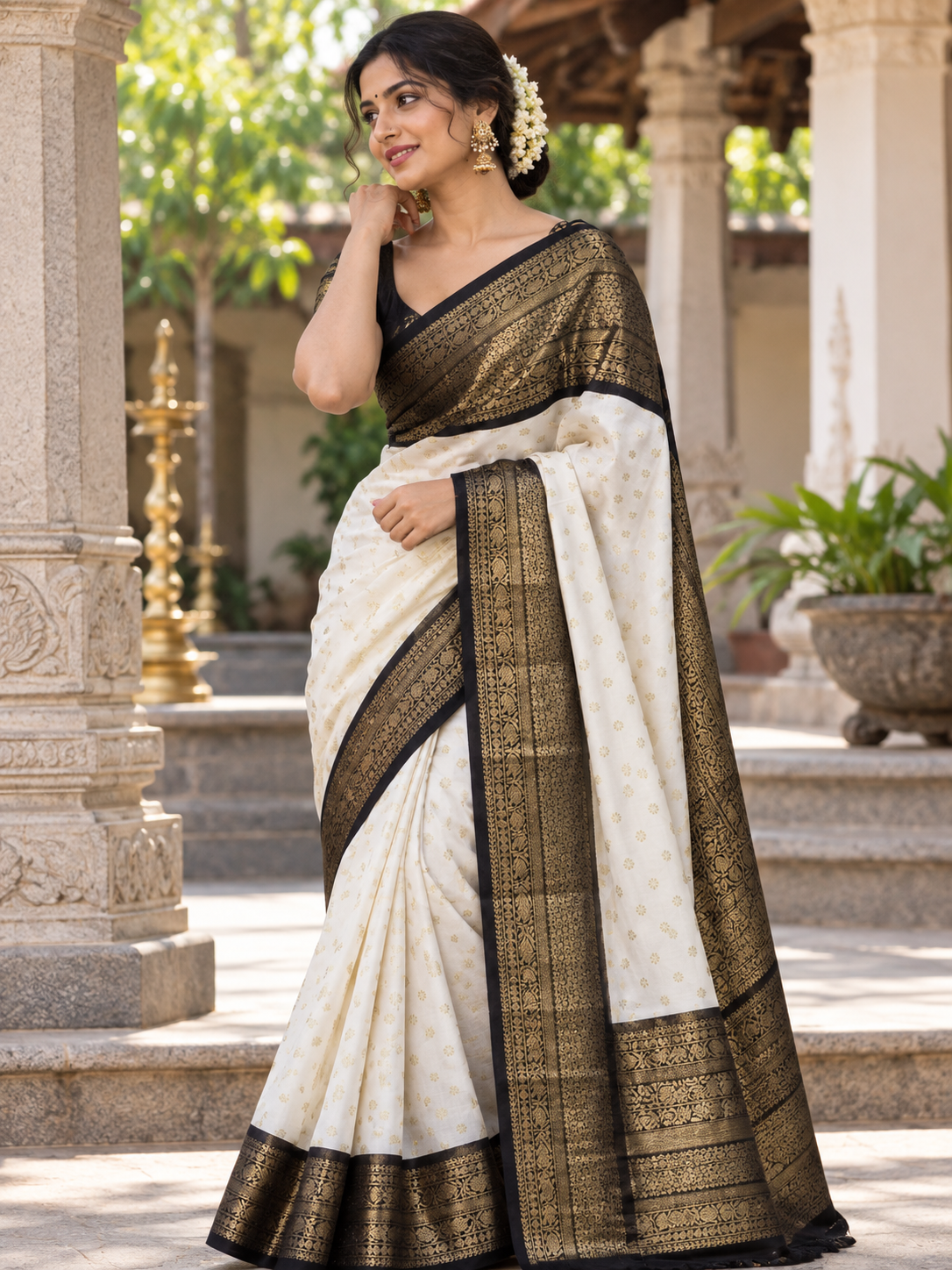 Beautiful Off-White Woven Soft Banarasi Silk Saree with Black and Gold Zari Border