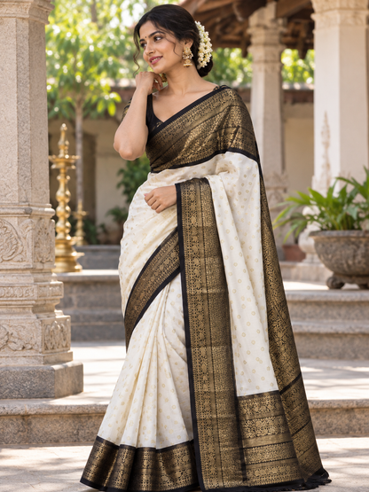 Beautiful Off-White Woven Soft Banarasi Silk Saree with Black and Gold Zari Border