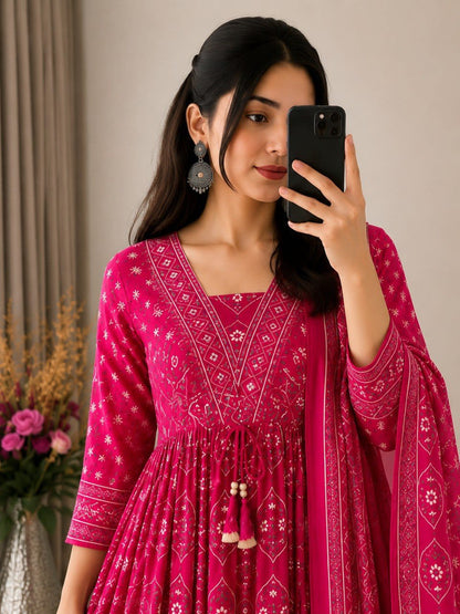 Premium Rani Pink Cotton Anarkali Suit Set