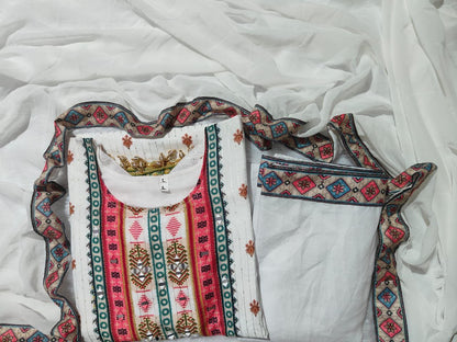 Elegant White Printed Muslin Suit Set with Sequin Embroidery Work