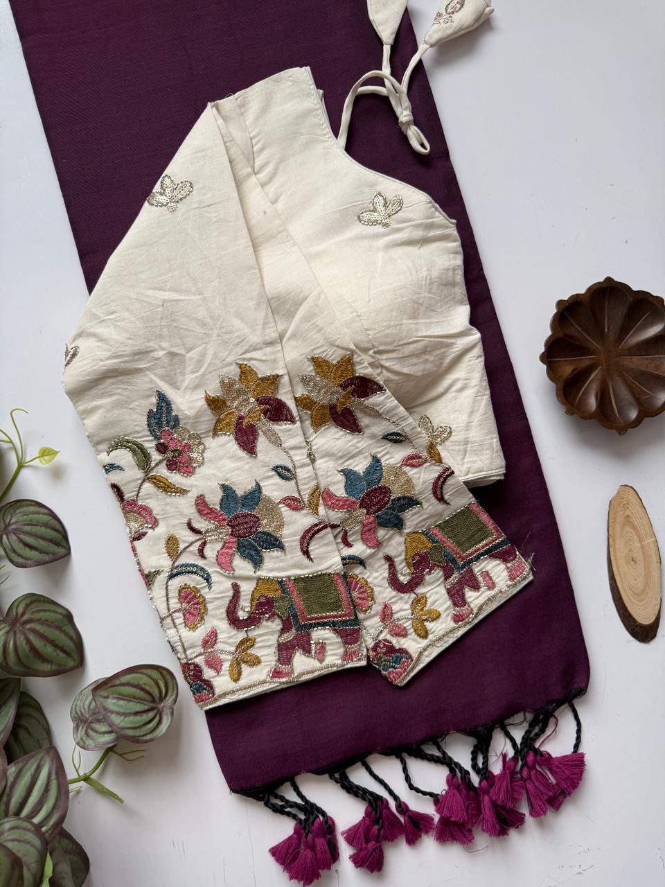 Dharma Exclusive - Wine Handloom Cotton Saree With Havy Embroidery Stitched Blouse