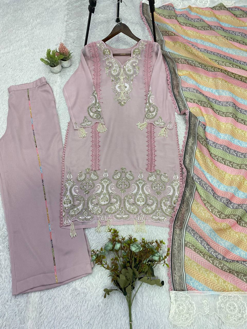 Elegant Star Georgette Embroidered Salwar Suit with Multicolor Chevron Dupatta