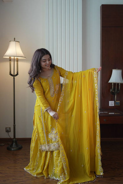 Designer Mustard Yellow Embroidered Fox Georgette Suit Set