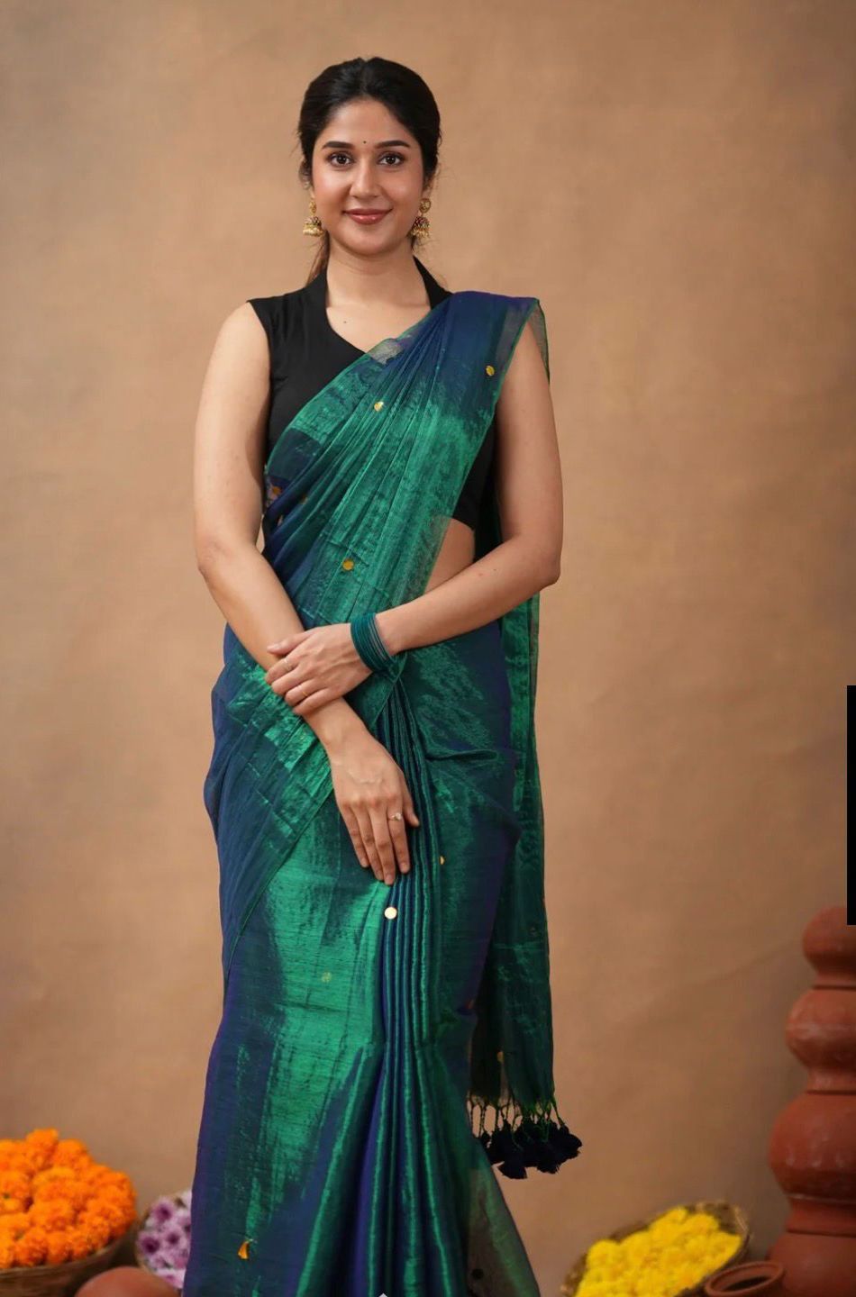 Mul Cotton Raga Tissue : Bluish Green with Tassels