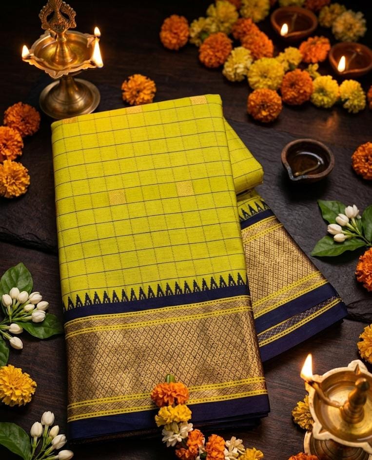 Exclusive Yellow & Black Chex Woven Cotton Silk Saree With Gold Zari Waving Work