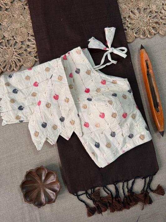 Dharma Exclusive - Brown Handloom Cotton Saree With Havy Embroidery Stitched Blouse