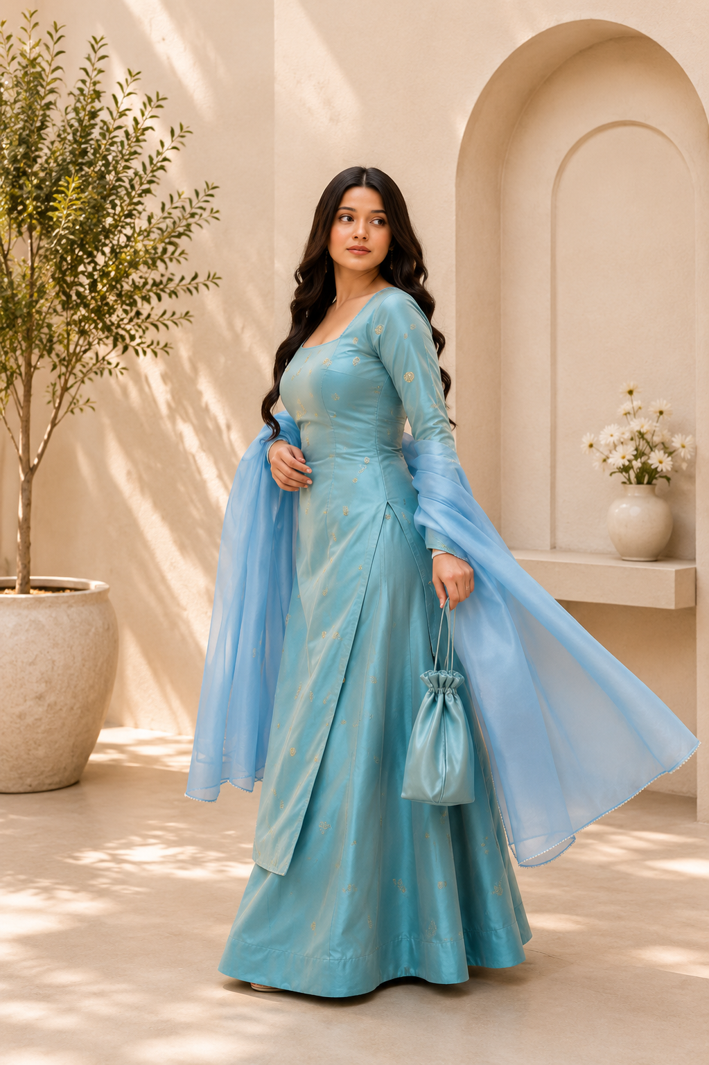 Elegant Sky Blue Fandy Silk Sharara Set With Sequence Work