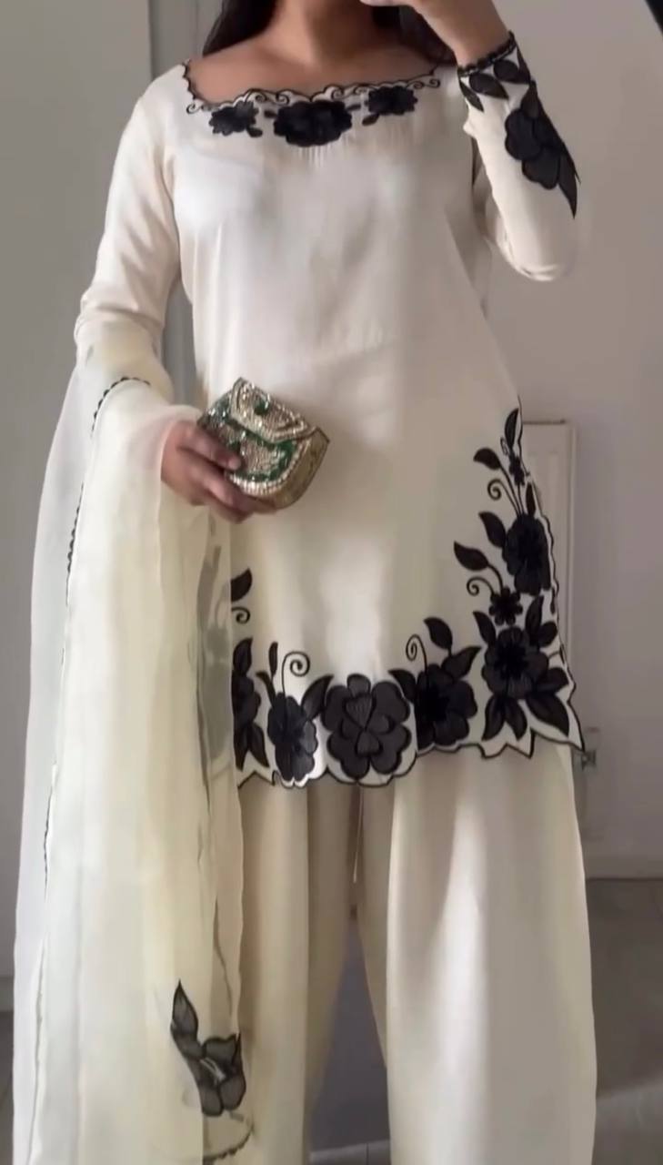 Elegant Cream Fendy Silk Embroidery Suit Set