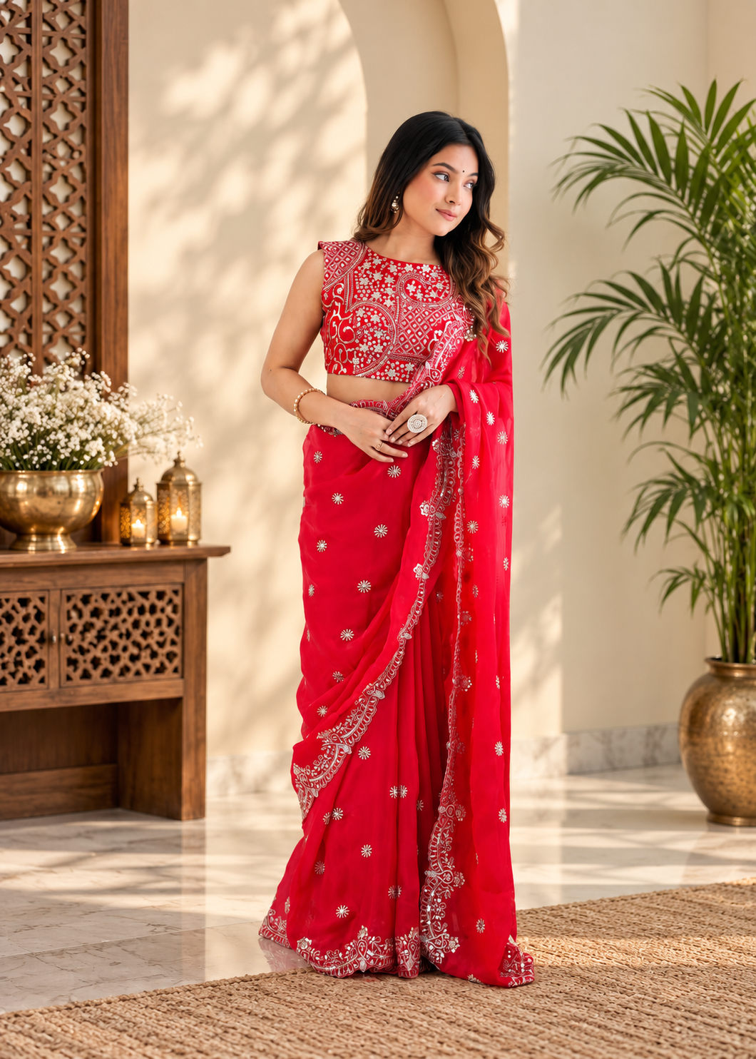 Trendy Festive style Dazzling Red Designer Chiffon Saree