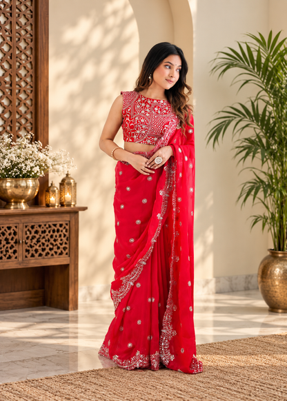 Trendy Festive style Dazzling Red Designer Chiffon Saree