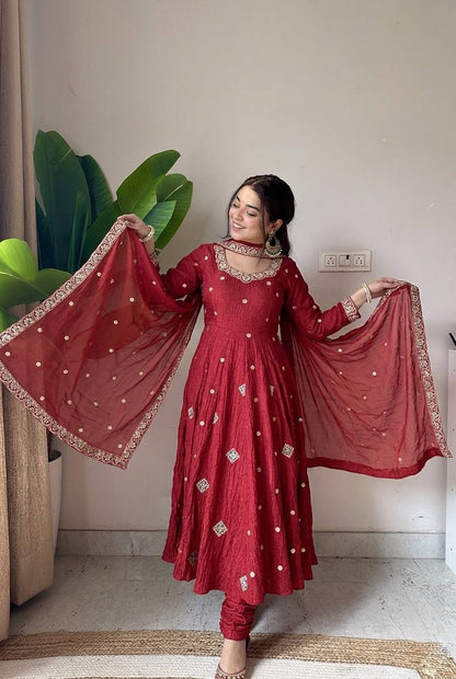 Festive Maroon Crunchy Silk Embroidered Anarkali Suit Set