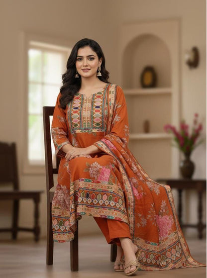 Elegant Rust Orange Soft Muslin Anarkali Salwar Suit Set with Digital Floral Print