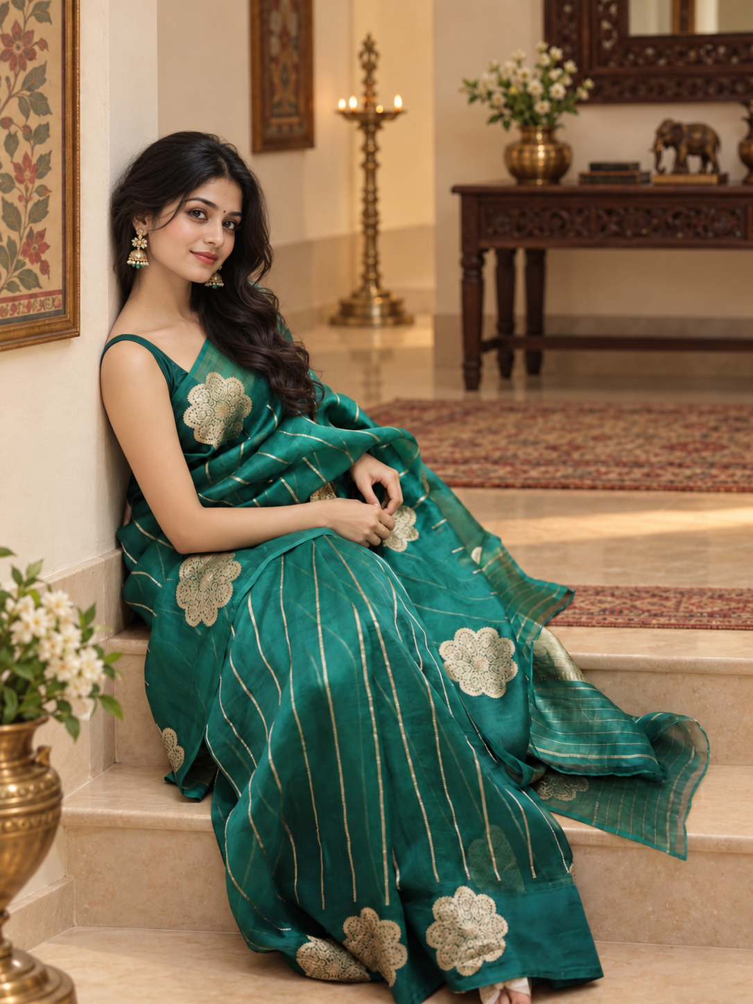 Festive Green Linen Silk Saree With Gold Zari & Demanding Blouse Piece