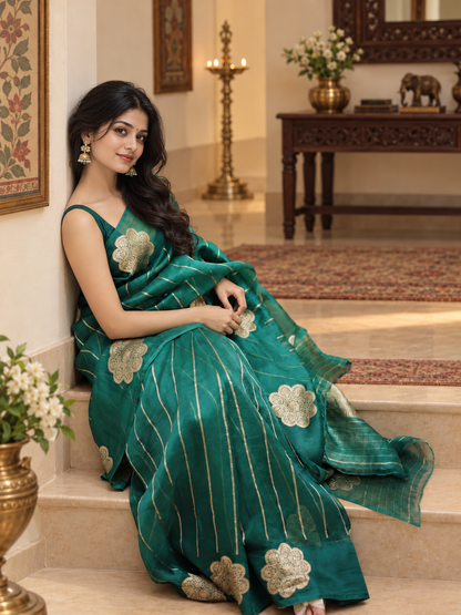 Festive Green Linen Silk Saree With Gold Zari & Demanding Blouse Piece