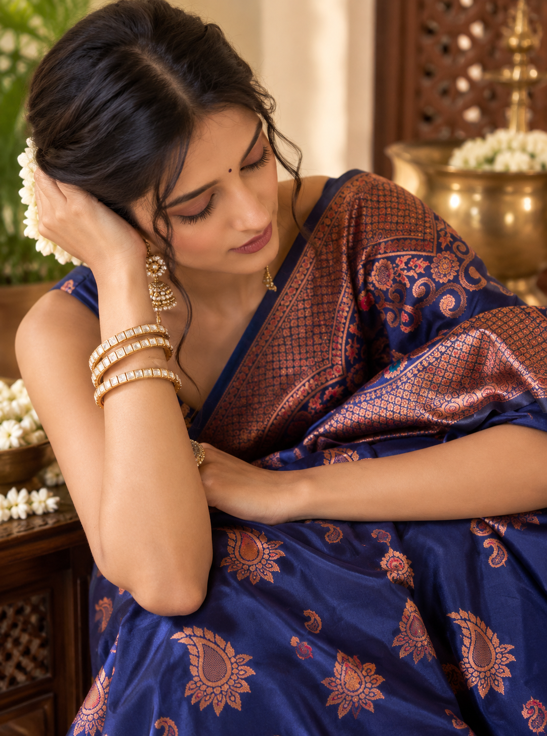 Royal Blue Meenakari Soft Banarasi Silk Saree with Copper Zari Border