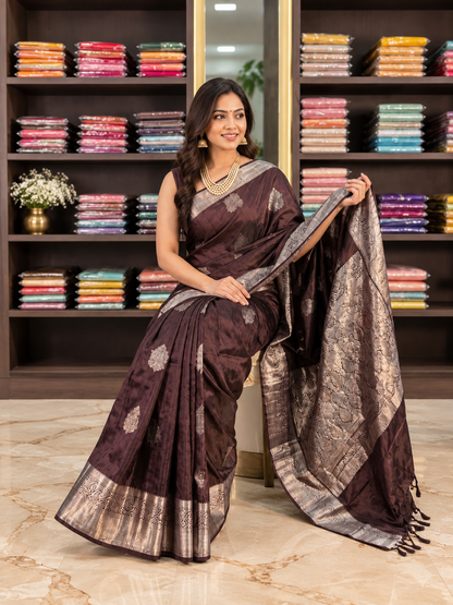 Very Beautiful Brown Soft Banarasi Silk Saree with Elegant Blouse Piece