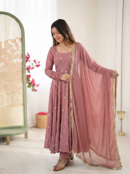 Premium Roman Silk Embroidered Anarkali Suit Set