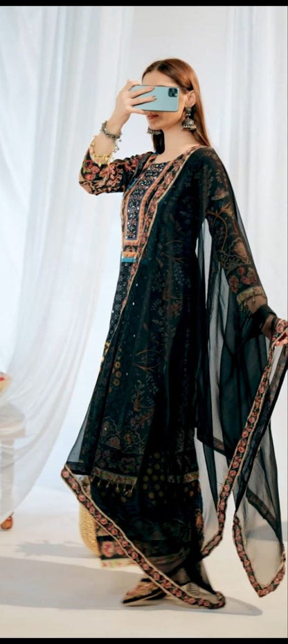 Royal Black Heavy Muslin Digital Printed Suit Set with Delicate Lace Work