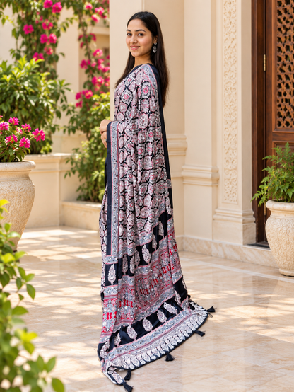 Beautiful Black Semi Gajji Silk Ajrakh Print Saree with Real Mirror Work
