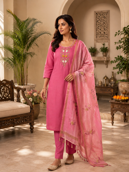 New Designer Light Pink Mul Chanderi Suit Set with Beautiful Hand Work