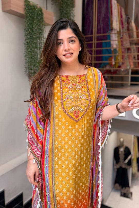 New Designer Pure Banana Silk Kaftan Set with Pants
