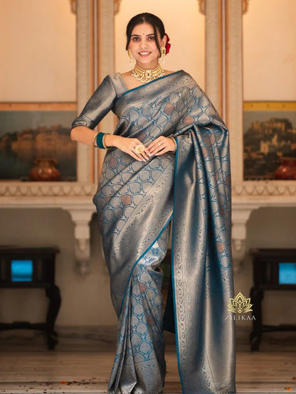 Trendy Blue Soft Silk Saree With Admirable Blouse Piece