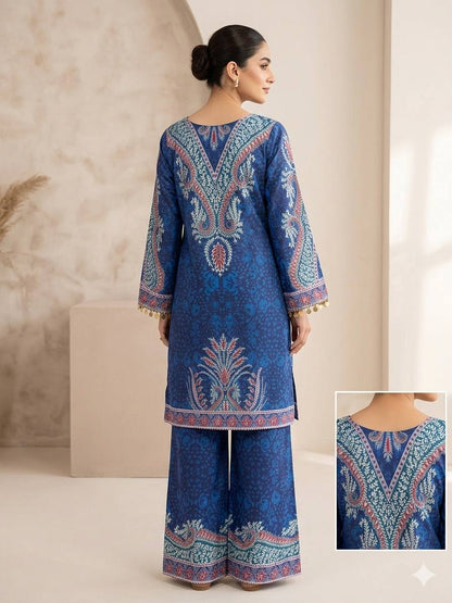 Designer Royal Blue Printed Crepe Silk Co-ord Set With Yoke Tassels
