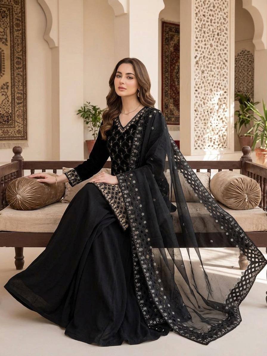 Elegant Black Embroidered Fendy Fabric Sharara Set with Sheer Dupatta