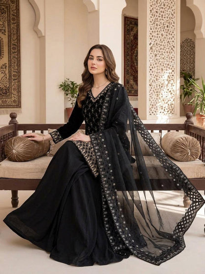 Elegant Black Embroidered Fendy Fabric Sharara Set with Sheer Dupatta