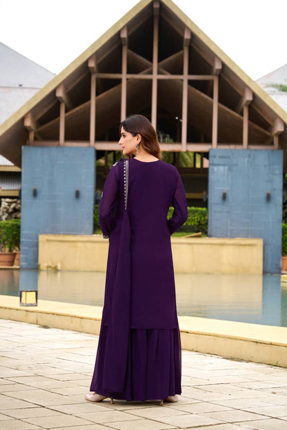 Royal Purple Georgette Embroidered Sharara Suit Set with Sequin Work