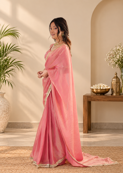 Elegant Rose Pink Fendy Silk Saree With Fancy Lace Work