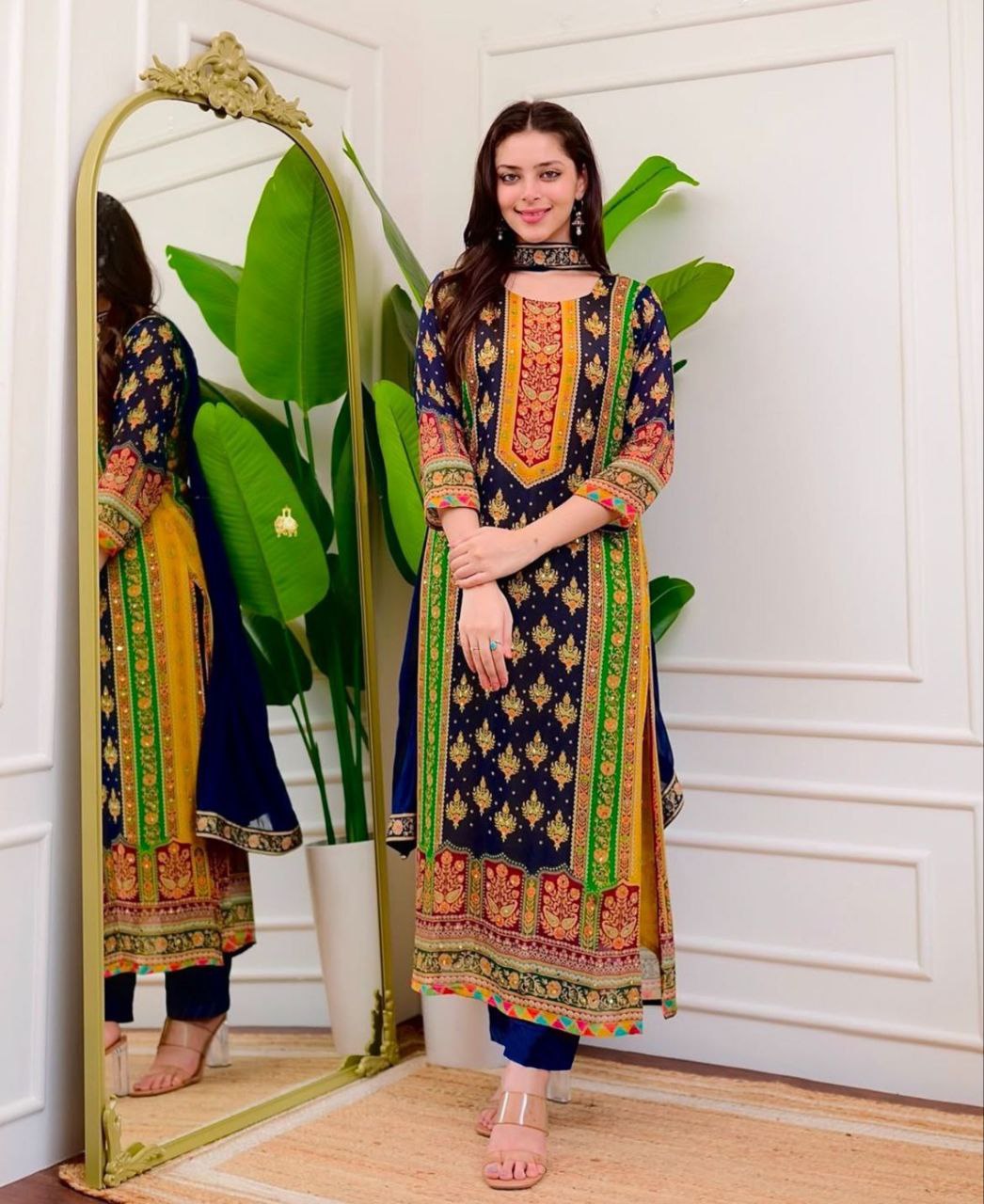 Royal Navy Blue Printed Muslin Suit Set with Embroidered Mustard Yoke