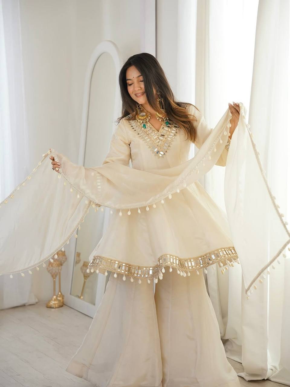 Tebby Organza Silk Peplum Sharara Set with Real Mirror Work Border