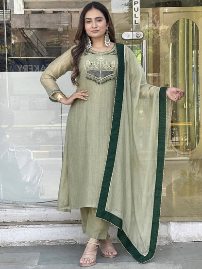 Very Attractive Pastel Sage Green Pure Salsa Silk Embroidered Anarkali Suit Set