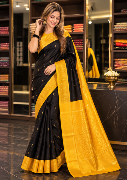 Elegant Black and Golden-Yellow Kanjivaram Style Silk Festive Saree