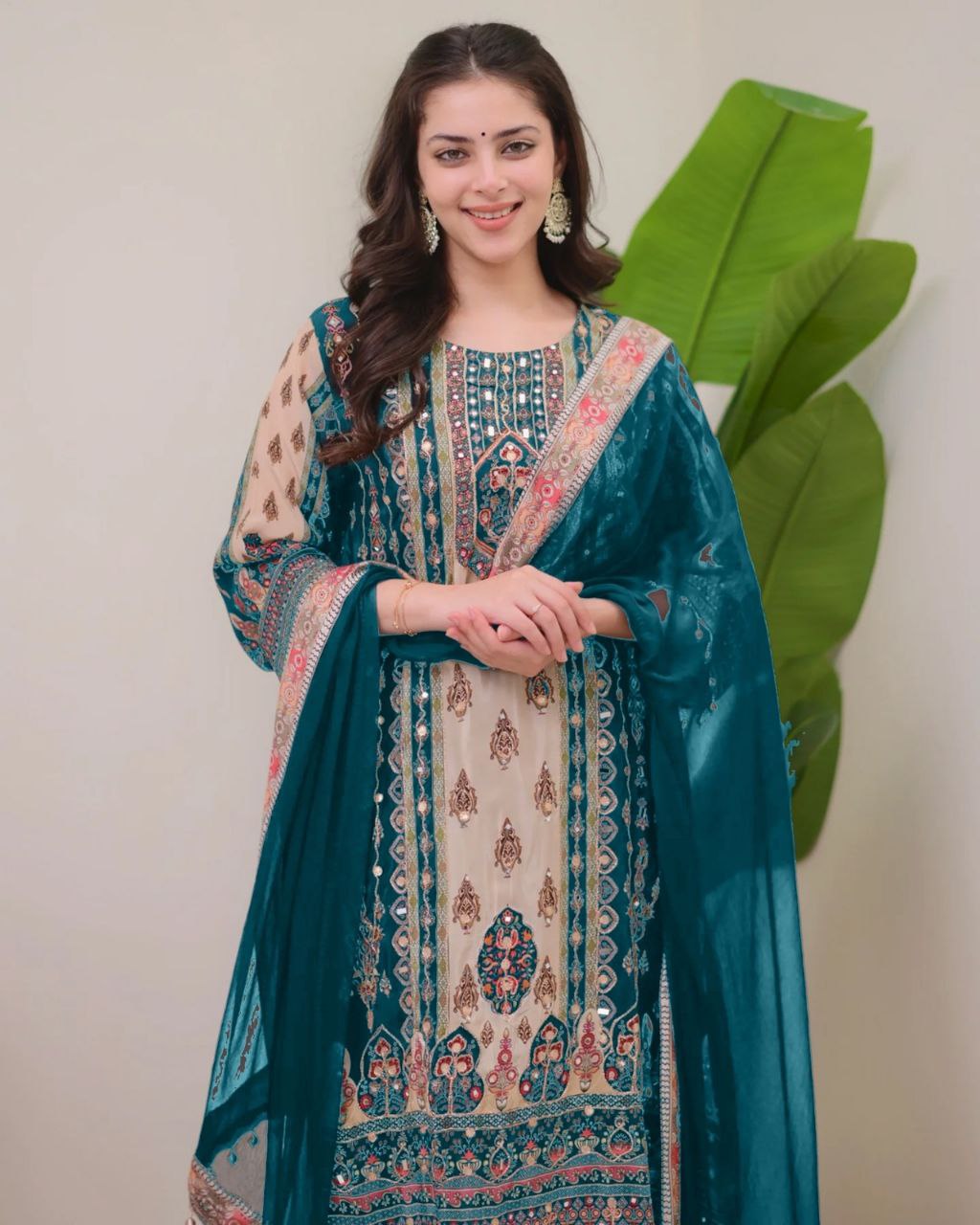 Royal Teal & Beige Printed Model Satin Suit Set with Fancy Mirror Work