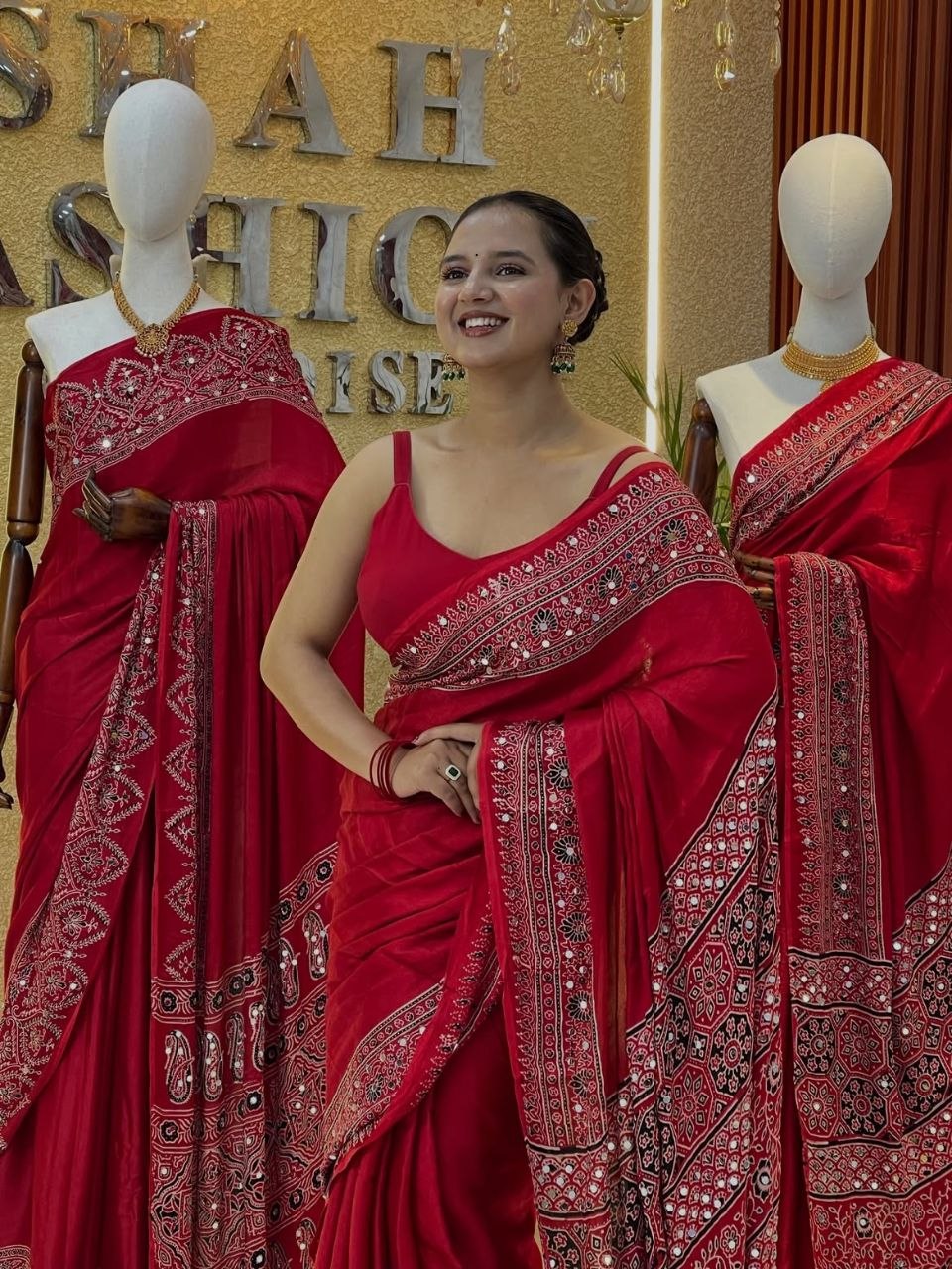 Awsome Red Silk Ajrakh Print Saree with Real Mirror Work