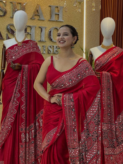 Awsome Red Silk Ajrakh Print Saree with Real Mirror Work