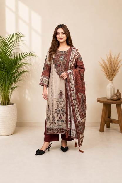 Very Attractive Beige and Maroon Printed Chinon Suit Set With Mirror Work